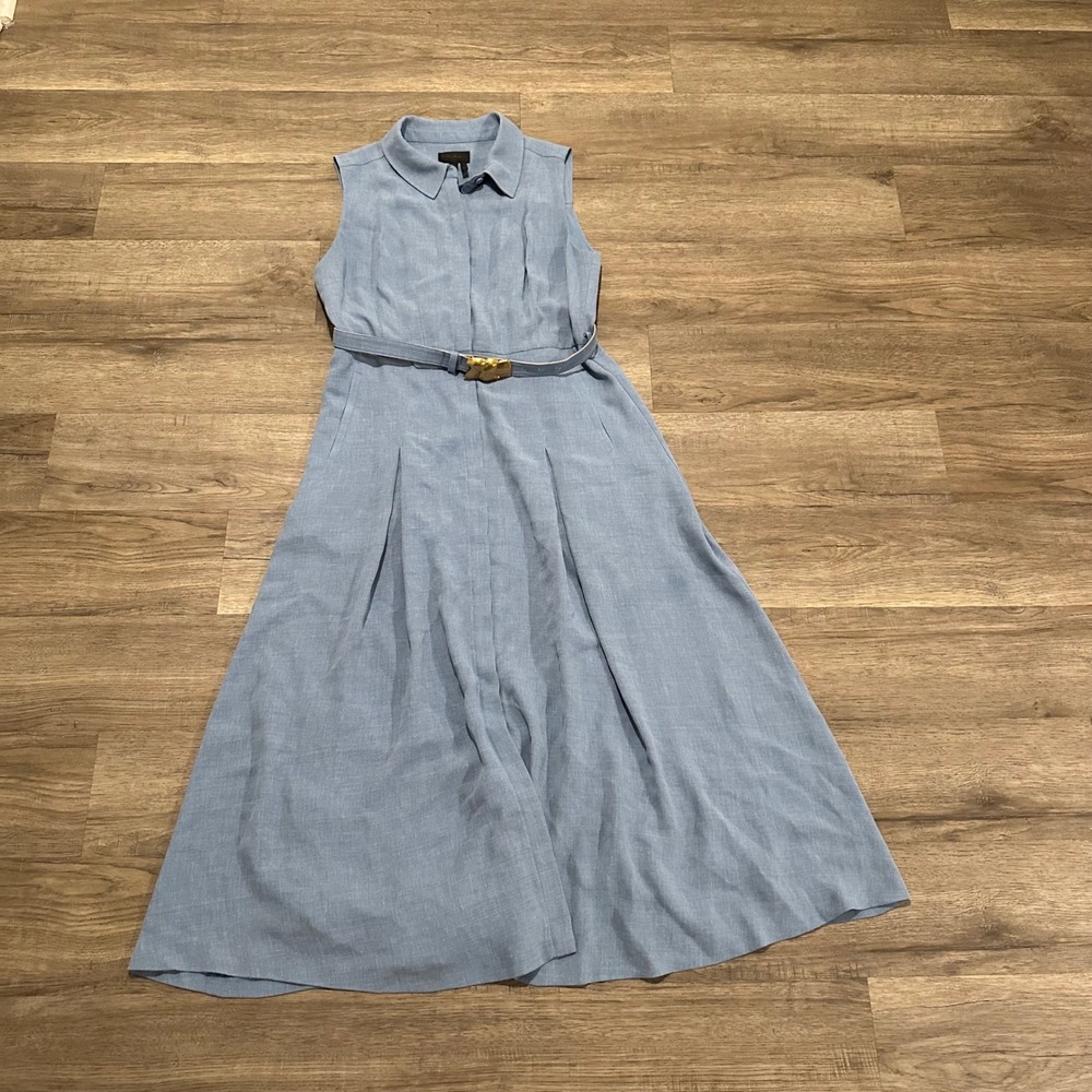 Donna Karan Chambray Look Belted Midi Dress Womens 10 Smocked Waist Spring 2025